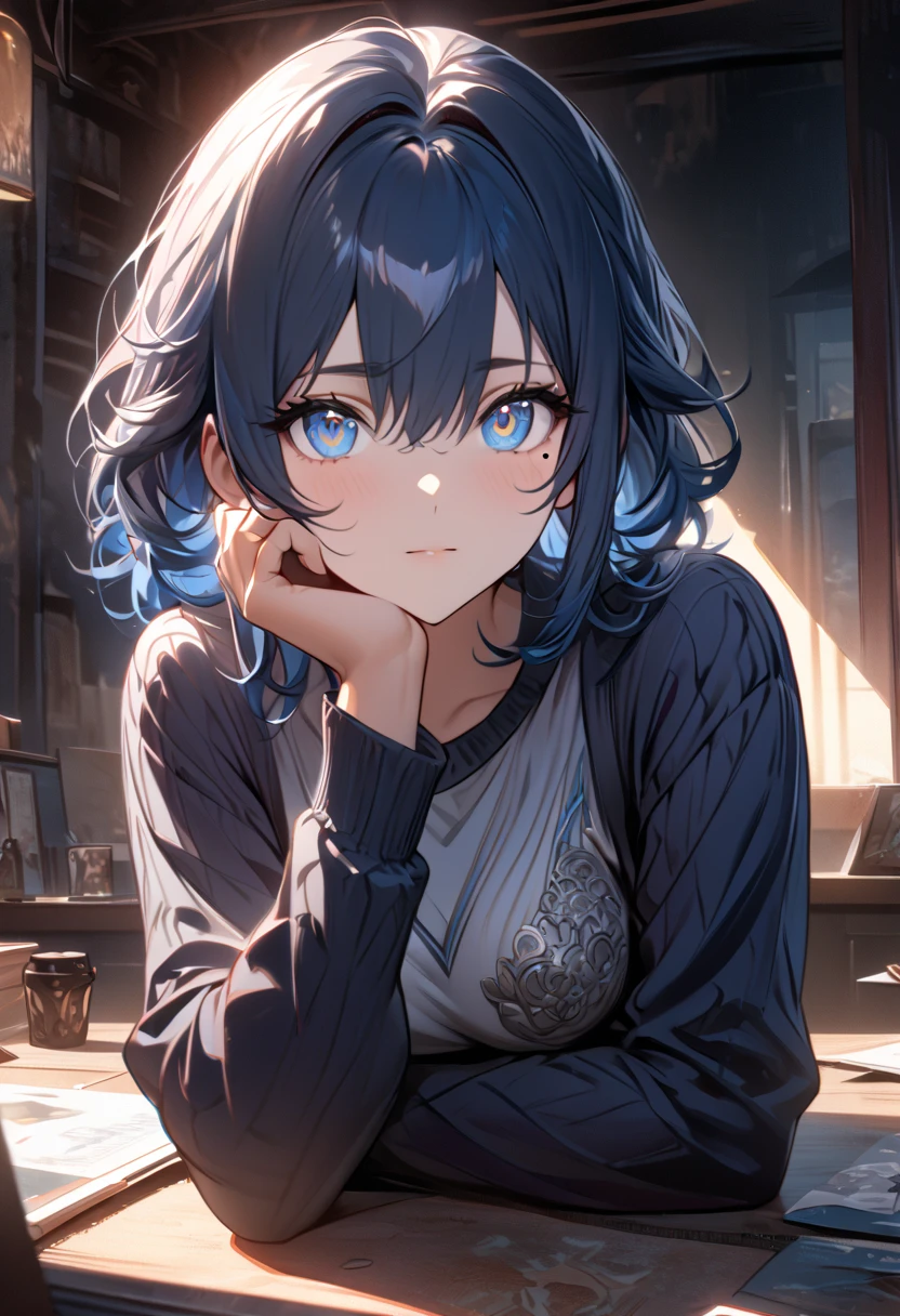 (masterpiece, Side light, Beautiful, detailed eyes: 1.2), One girl, bangs, blue eyes, Blue Hair, Eyebrows visible through hair, Hair between the eyes, Hair Bun, Put your hand on your cheek, put your hand on your face, Headrest, jewelry, Long sleeve, View your viewers, Medium Hair, Mole, Mole under eye, alone, Upper Body, Virtual YouTuber, masterpiece, Highest quality, Messy Hair, Trending on Art Station, 8k resolution, Very detailed, Anatomically correct, Clear images, Digital Painting, Concept Art, Topics on pixiv, Makoto Shinkai&#39;s Style,