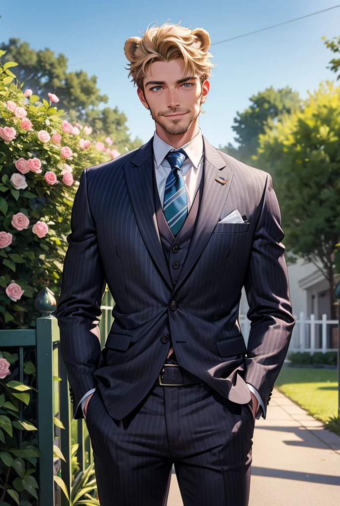 Dashing gentleman in a light heathered grey pinstripe suit. Standing by the gate to his beautiful flower garden at springtime. Tall, muscular, and very handsome, has a large defined bent Roman nose with a wide square jaw, looks like a sculpture of male beauty. His prominent smile lines and twinkling blue green eyes radiate a gentle warmth that belies his almost puppy dog spirit. He's mature, and about 34, with short sandy blonde hair and a mustache. And he’s a bear demihuman, with light brown bear ears peeking out from his hair. 