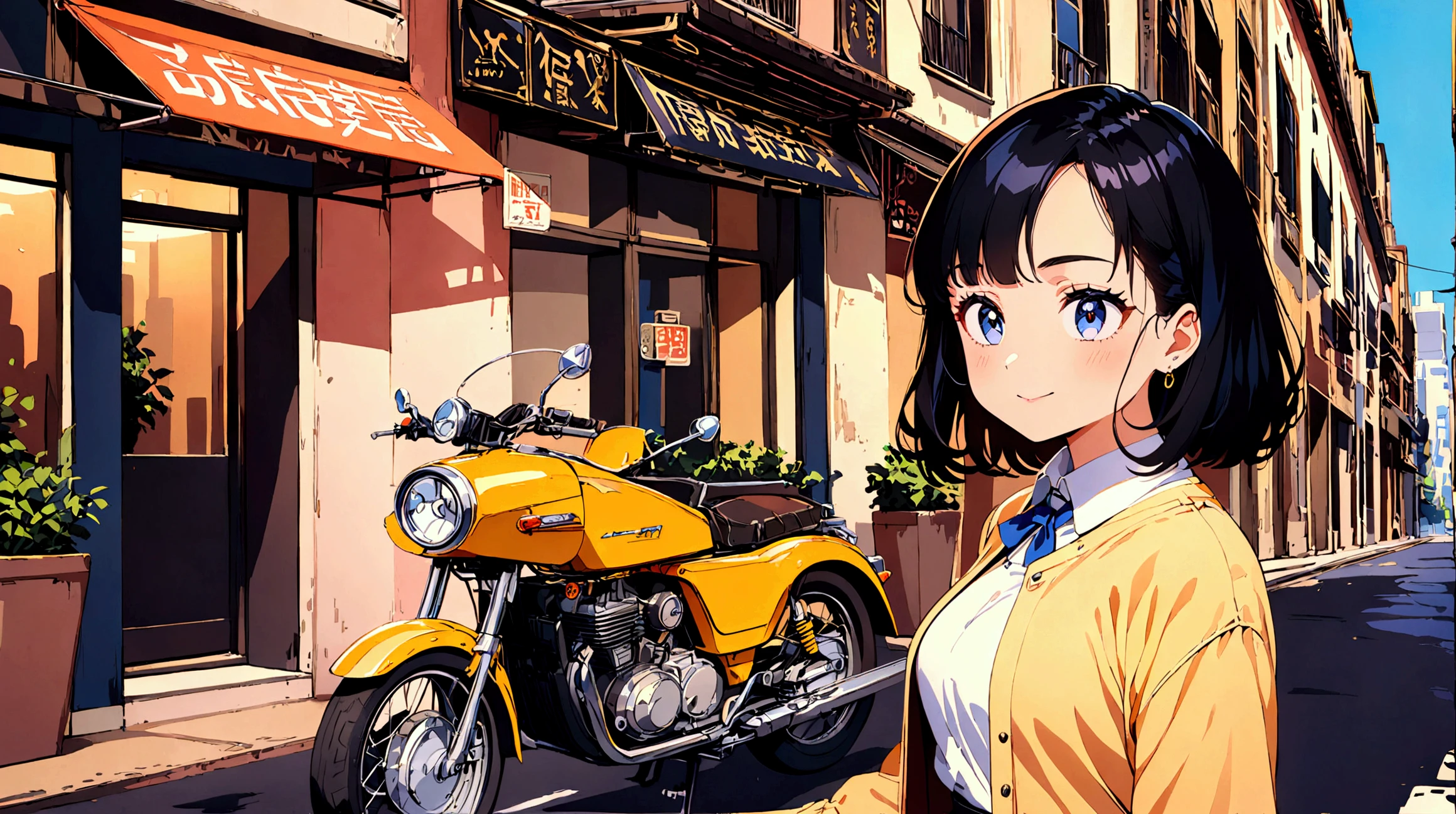 1980s city pop style anime images。A woman with black hair is standing with a retro motorcycle。