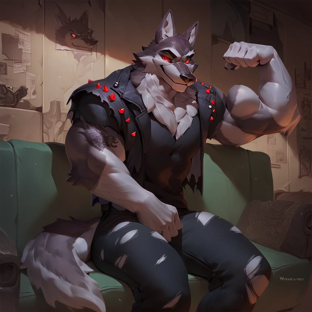 Vortex, colored sclera, smile, animal ears, tattoo, sitting, furry male, anthro, standing, 1boy, thighs, jacket, red eyes, indoors, flexing, wolf, anthro male, torn clothes