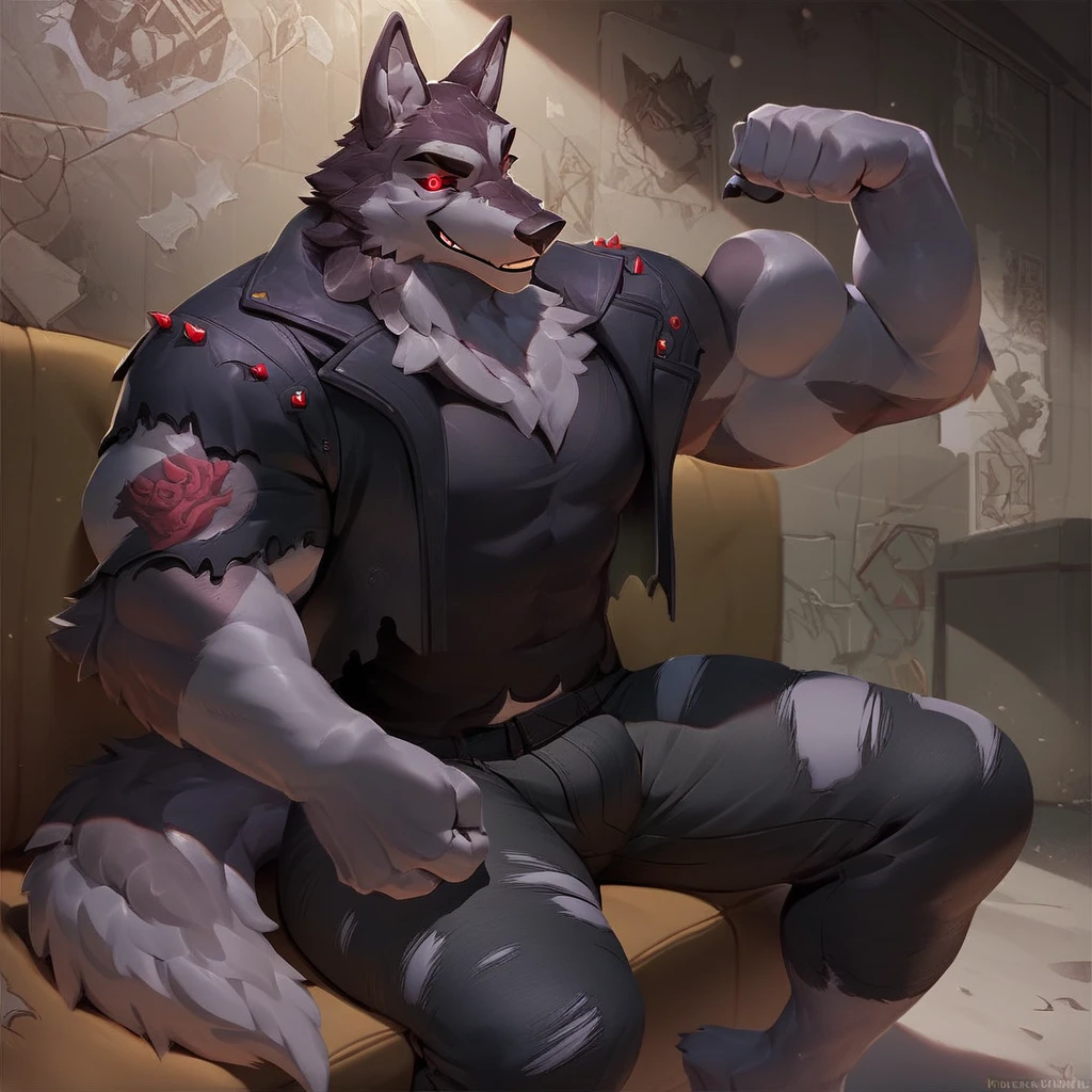 Vortex, colored sclera, smile, animal ears, tattoo, sitting, furry male, anthro, standing, 1boy, thighs, jacket, red eyes, indoors, flexing, wolf, anthro male, torn clothes