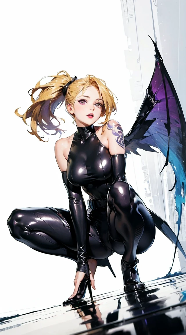 blonde girl, sexy, hot tight latex outfit, fishnets, high heels, horns, wings