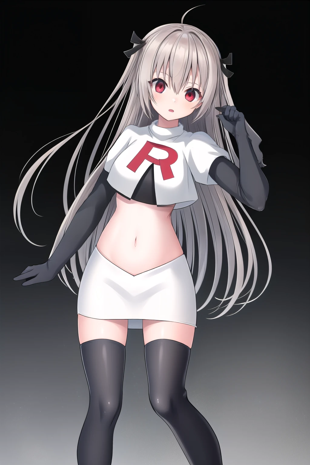 atri,1girl,red eyes,solo,ahoge,long hair,black ribbon,ribbon,hair ribbon,hair between eyes,blush,very long hair,team rocket,team rocket uniform,white skirt,red letter R,crop top,black thigh-highs,black elbow gloves