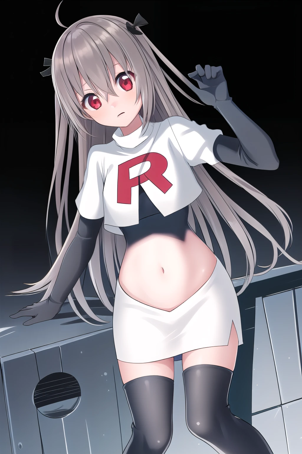 atri,1girl,red eyes,solo,ahoge,long hair,black ribbon,ribbon,hair ribbon,hair between eyes,blush,very long hair,team rocket,team rocket uniform,white skirt,red letter R,crop top,black thigh-highs,black elbow gloves