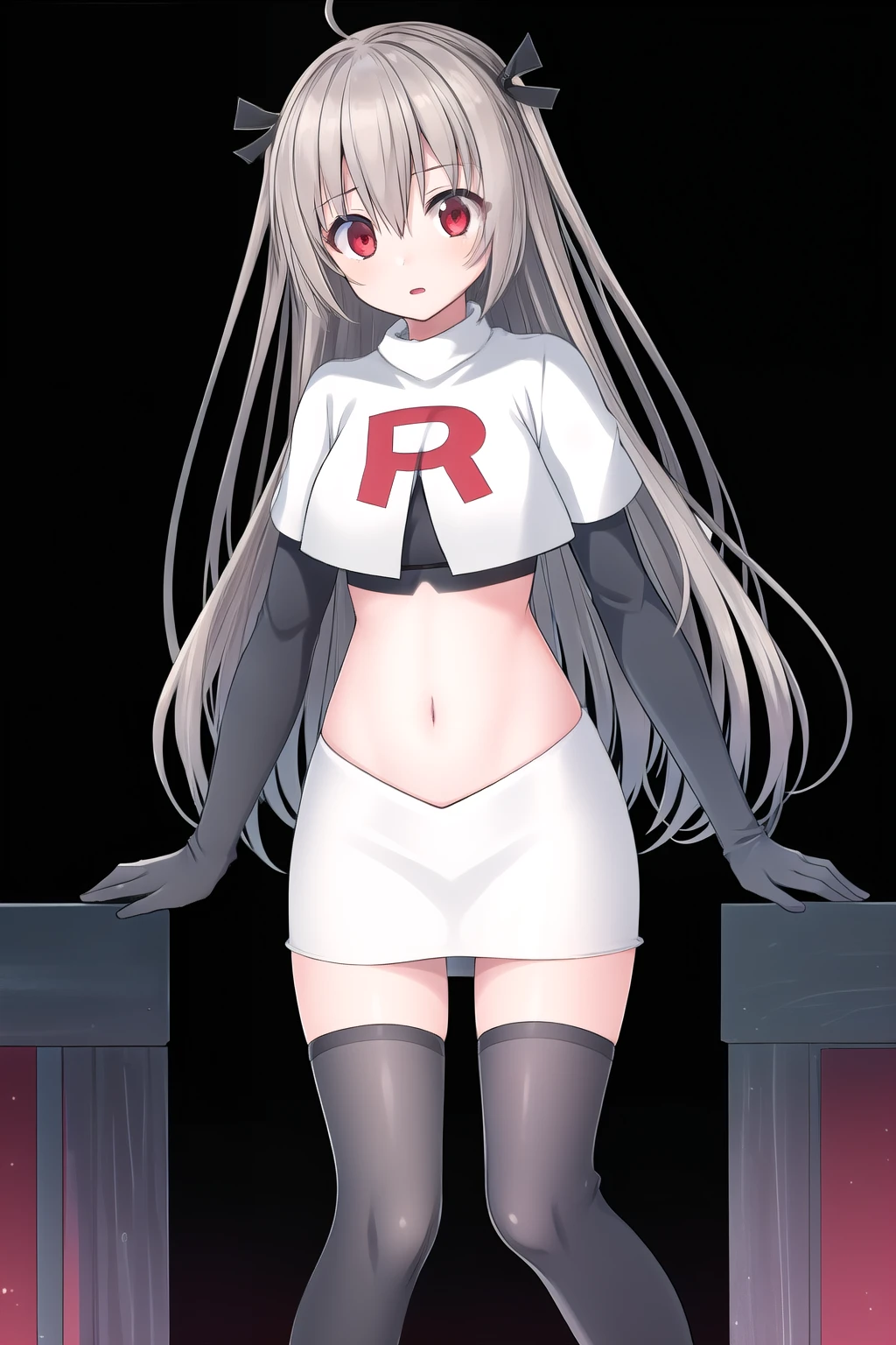 atri,1girl,red eyes,solo,ahoge,long hair,black ribbon,ribbon,hair ribbon,hair between eyes,blush,very long hair,team rocket,team rocket uniform,white skirt,red letter R,crop top,black thigh-highs,black elbow gloves