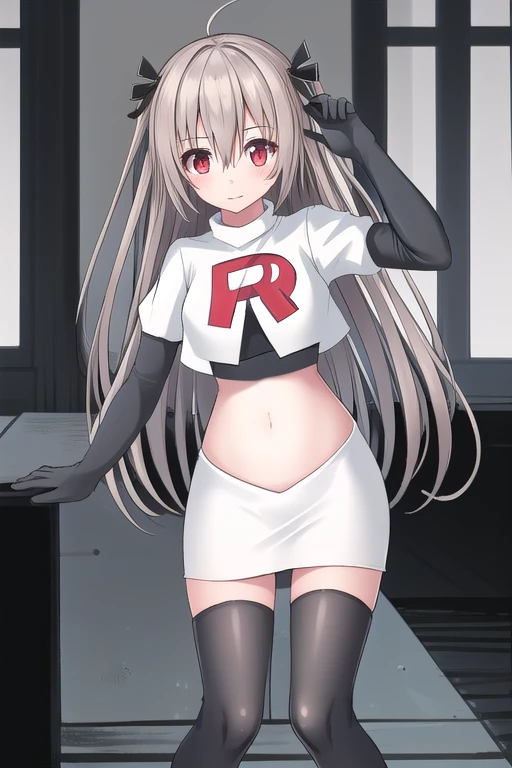 atri,1girl,red eyes,solo,ahoge,long hair,black ribbon,ribbon,hair ribbon,hair between eyes,blush,very long hair,team rocket,team rocket uniform,white skirt,red letter R,crop top,black thigh-highs,black elbow gloves