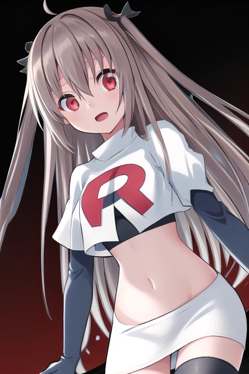 atri,1girl,red eyes,solo,ahoge,long hair,black ribbon,ribbon,hair ribbon,hair between eyes,blush,very long hair,team rocket,team rocket uniform,white skirt,red letter R,crop top,black thigh-highs,black elbow gloves