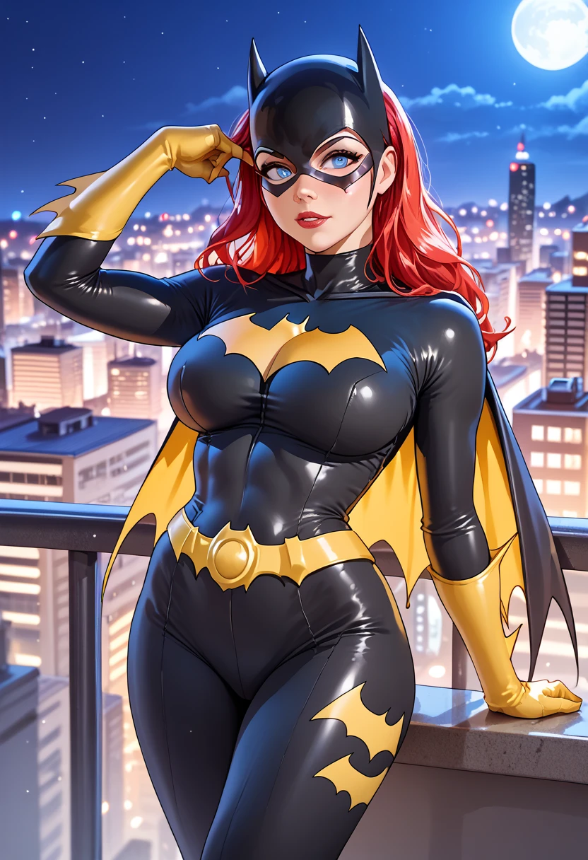 woman, big breasts, red hair, white skin, anime style, night, cartoon, mask, blue eyes, city, black costume, yellow costume, multicolored costume, Batgirl, showing her boobs, rising her suit to show boobs