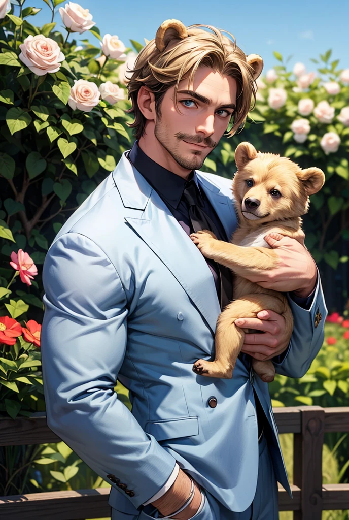 Dashing gentleman in a light baby blue suit. Standing by the gate to his beautiful flower garden at springtime golden hour. Tall, muscular, and very handsome, has a large defined bent Roman nose with a wide square jaw, looks like a sculpture of male beauty. His prominent smile lines and twinkling blue green eyes radiate a gentle warmth that belies his almost puppy dog spirit. He's mature, and about 34, with short sandy blonde hair and a mustache. And he’s a bear demihuman, with light brown bear ears peeking out from his hair.