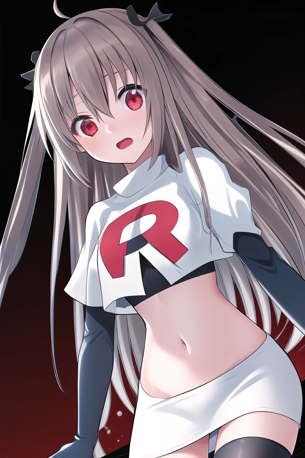 atri,1girl,red eyes,solo,ahoge,long hair,black ribbon,ribbon,hair ribbon,hair between eyes,blush,very long hair,team rocket,team rocket uniform,white skirt,red letter R,crop top,black thigh-highs,black elbow gloves