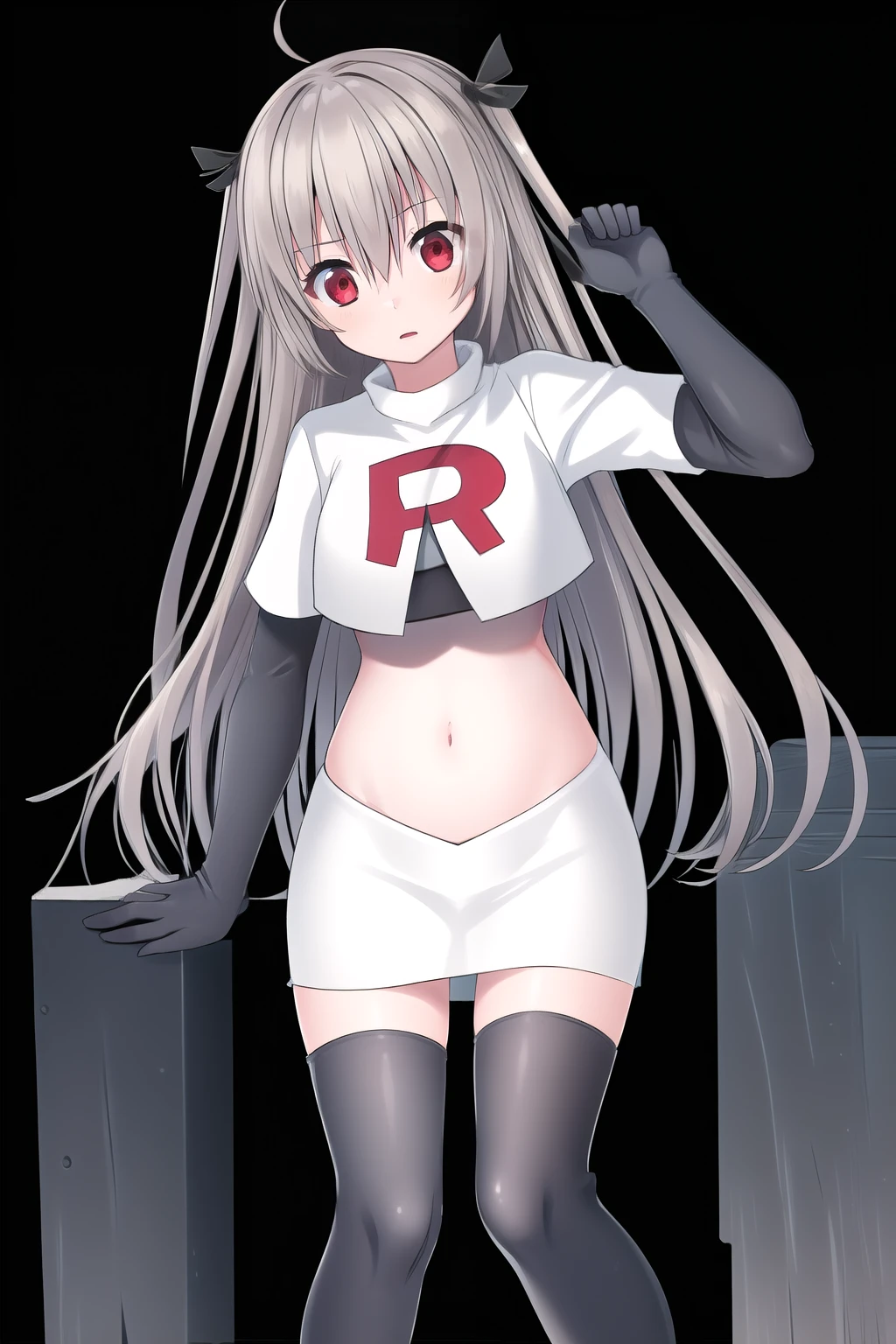 atri,1girl,red eyes,solo,ahoge,long hair,black ribbon,ribbon,hair ribbon,hair between eyes,blush,very long hair,team rocket,team rocket uniform,white skirt,red letter R,crop top,black thigh-highs,black elbow gloves