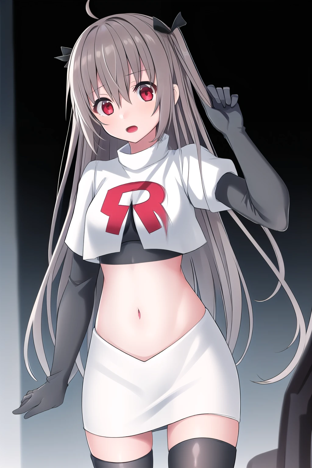 atri,1girl,red eyes,solo,ahoge,long hair,black ribbon,ribbon,hair ribbon,hair between eyes,blush,very long hair,team rocket,team rocket uniform,white skirt,red letter R,crop top,black thigh-highs,black elbow gloves