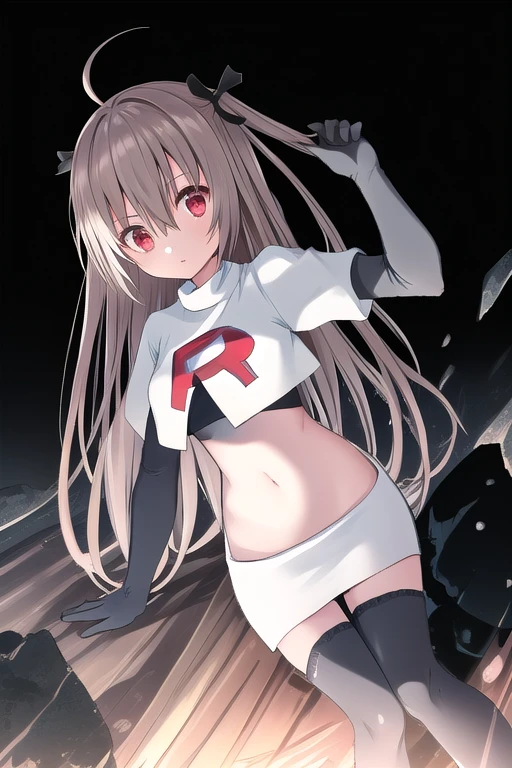 atri,1girl,red eyes,solo,ahoge,long hair,black ribbon,ribbon,hair ribbon,hair between eyes,blush,very long hair,team rocket,team rocket uniform,white skirt,red letter R,crop top,black thigh-highs,black elbow gloves