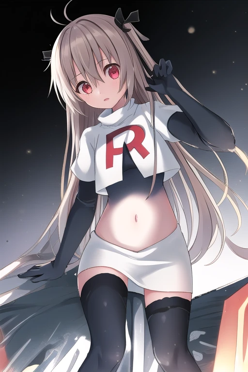 atri,1girl,red eyes,solo,ahoge,long hair,black ribbon,ribbon,hair ribbon,hair between eyes,blush,very long hair,team rocket,team rocket uniform,white skirt,red letter R,crop top,black thigh-highs,black elbow gloves