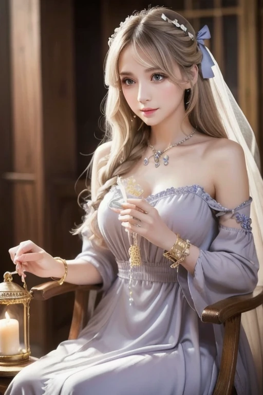  One Girl ,  long hair, Light Hair Color,  enchanting eyes,  Mysterious Expressions , Mature Appearance, Attractive dress,  Relaxed Dress, Graceful Jewels , Intricate decoration, Magic symbols, Glowing Accessories,  potion , Scroll, Cute accent, bow, ribbon, flower,