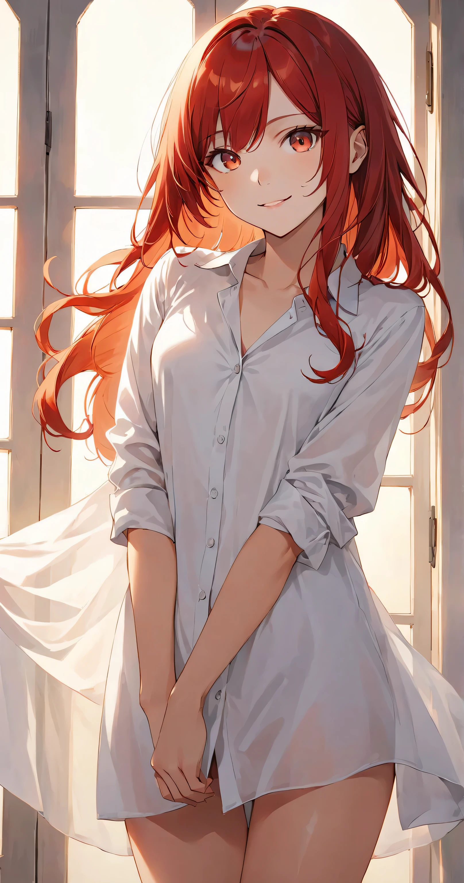 A all-body portrait of a girl standing in a softly lit room with sunlight streaming through a window. She is wearing an oversized white shirt, slightly unbuttoned with rolled-up sleeves, standing barefoot with a graceful and confident posture. Her medium-length vermilion red hair has soft waves, and she smiles gently while looking directly at the viewer. The lighting creates a soft glow and a dramatic interplay of light and shadow.
Backlit lighting (1.5), soft glow, translucent fabric effect (1.2), balanced body proportions, subtle body lines visible in a tasteful way, harmonious silhouette.
Perfect anatomy (1.8), 1girl, masterpiece, best quality, ultra-detailed, sharp focus, vibrant details, full-body proportions (1.5).
2D anime style, soft warm lighting.
Proportionate tall body, long legs (1.2), eight heads tall, elegant posture.
Elegant face, refined beauty, detailed facial features, gentle smile, looking at the viewer, confident yet innocent expression.
Oversized white shirt (1.5), rolled-up sleeves, natural folds and fabric flow, shirt overhang.
all-body framing, centered composition, balanced proportions, open and relaxed pose.