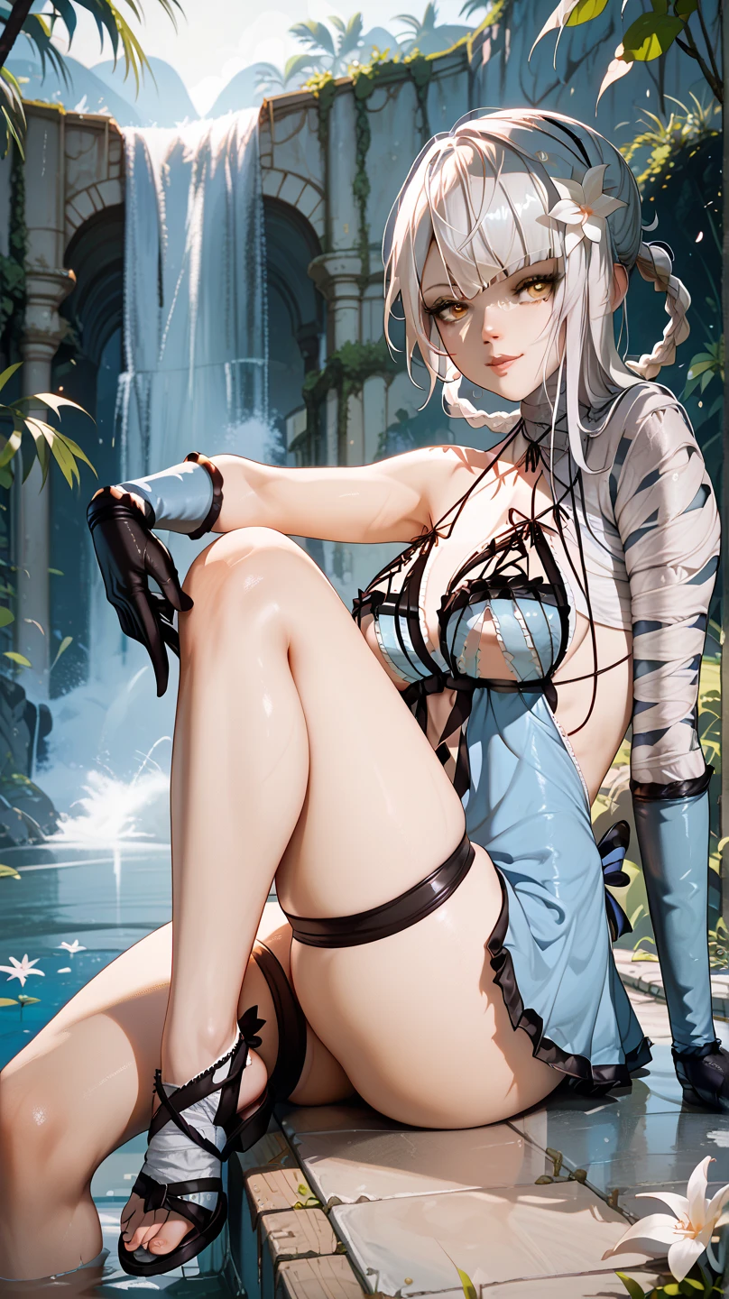   Sexy Kaine ,UHD, on a bridge,  in the background of a waterfall,  silver hair, pose sexy, sitting, one leg up,