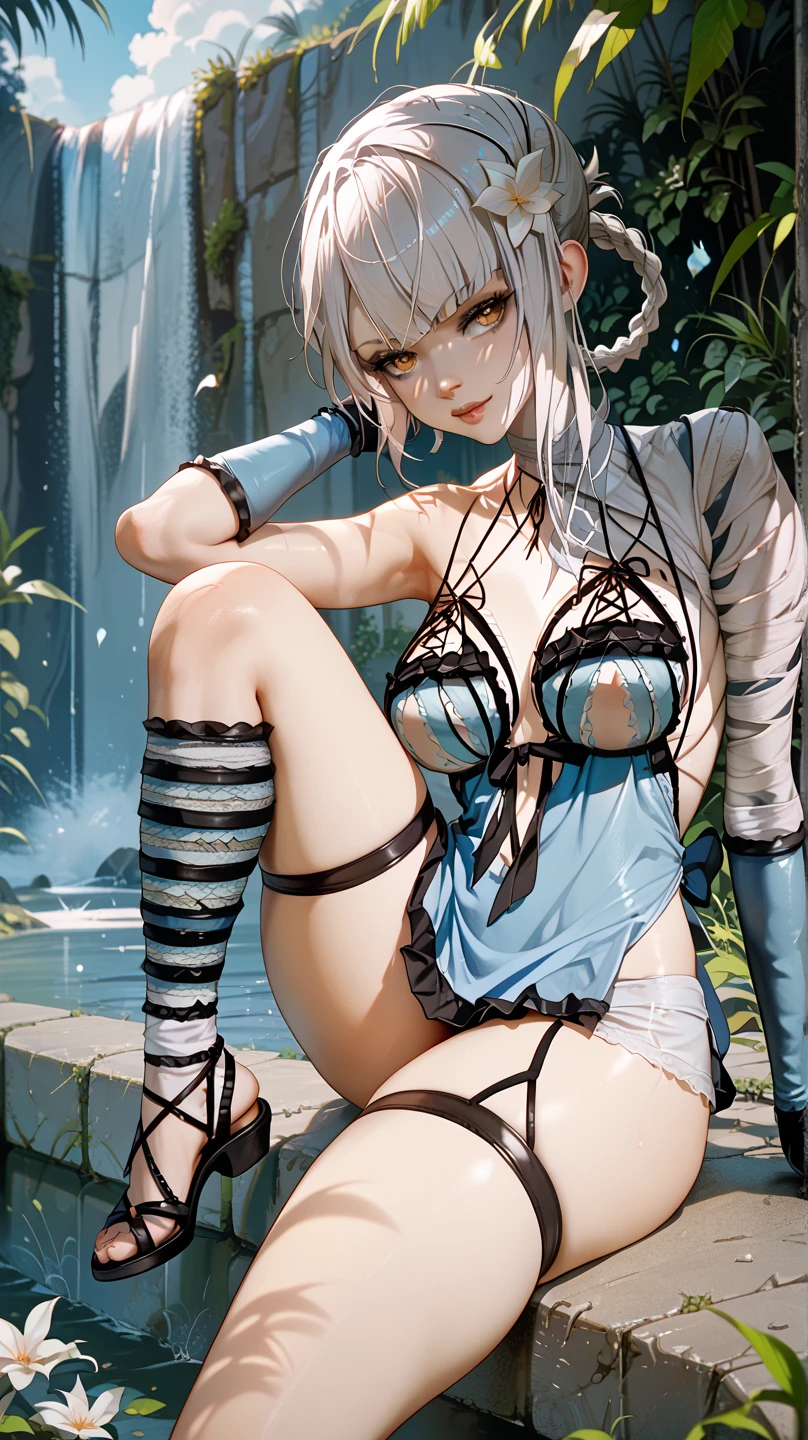   Sexy Kaine ,UHD, on a bridge,  in the background of a waterfall,  silver hair, pose sexy, sitting, one leg up,