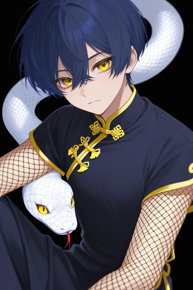 black background white snake dark blue hair man chinese clothing golden eyes golden mesh color half up ginkgo mysterious cool boy