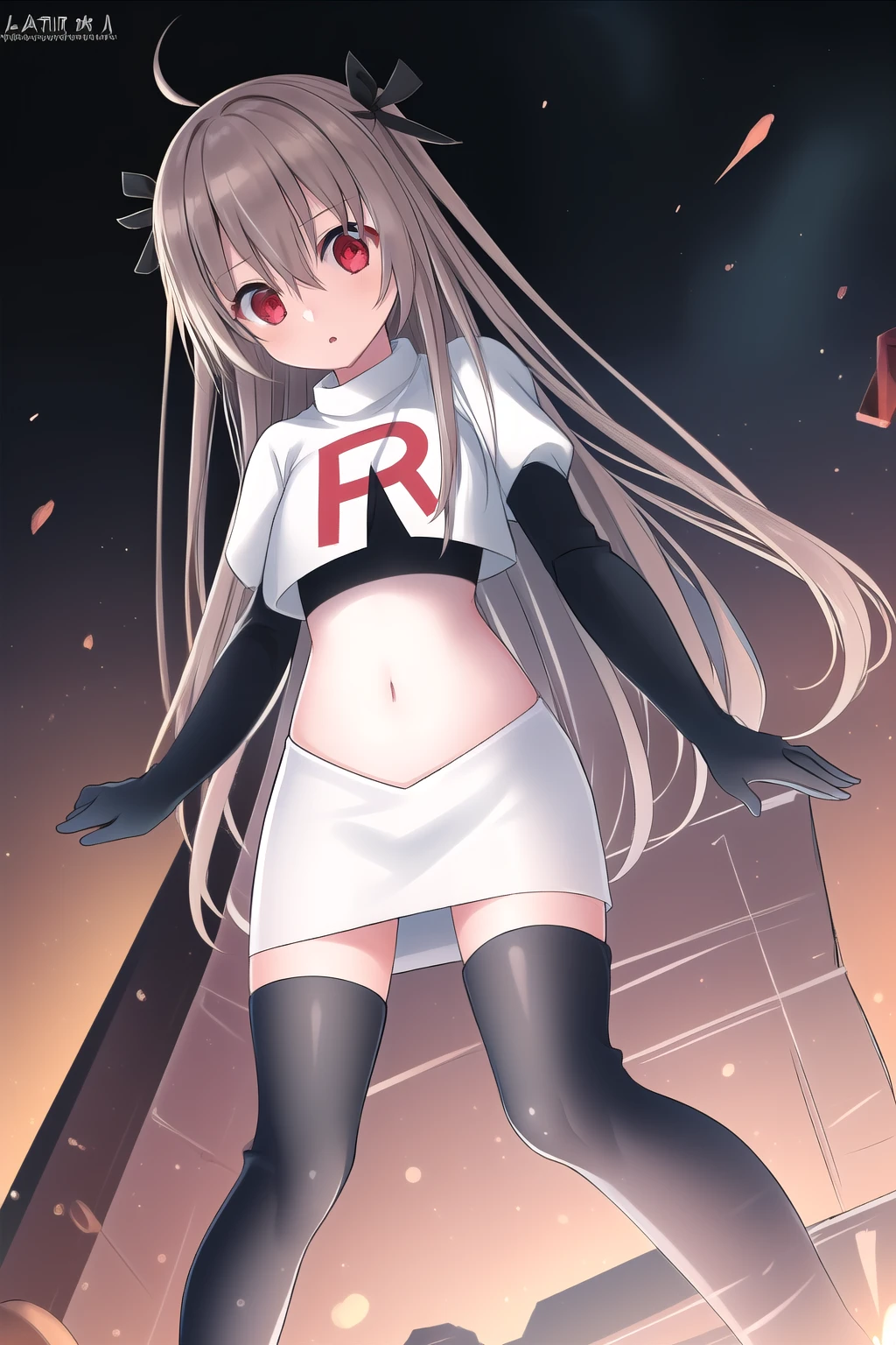 atri,1girl,red eyes,solo,ahoge,long hair,black ribbon,ribbon,hair ribbon,hair between eyes,blush,very long hair,team rocket,team rocket uniform,white skirt,red letter R,crop top,black thigh-highs,black elbow gloves