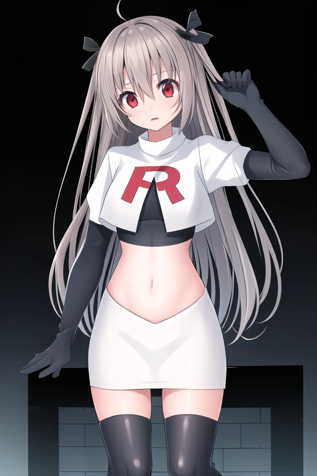 atri,1girl,red eyes,solo,ahoge,long hair,black ribbon,ribbon,hair ribbon,hair between eyes,blush,very long hair,team rocket,team rocket uniform,white skirt,red letter R,crop top,black thigh-highs,black elbow gloves