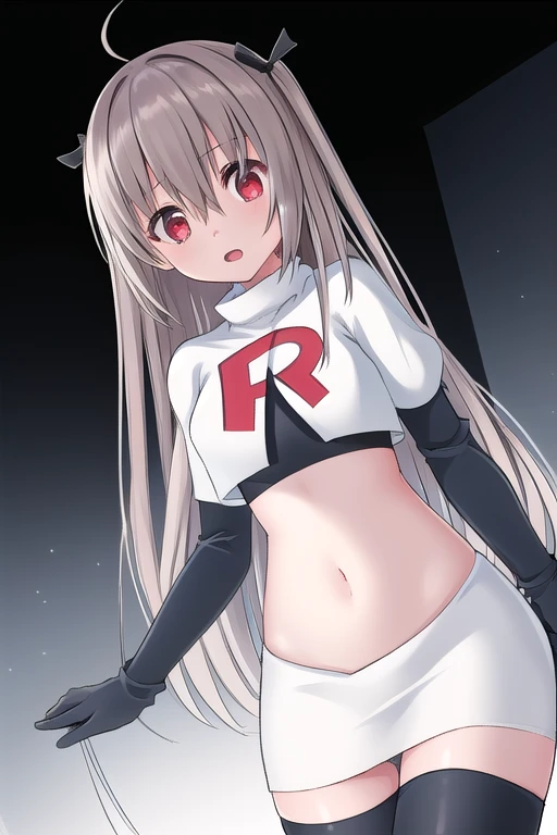 atri,1girl,red eyes,solo,ahoge,long hair,black ribbon,ribbon,hair ribbon,hair between eyes,blush,very long hair,team rocket,team rocket uniform,white skirt,red letter R,crop top,black thigh-highs,black elbow gloves