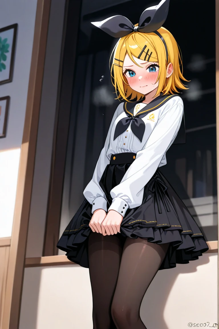 NSFW、short hair、highest quality、CG、4k、Kagamine rin、Kagamine rin、whole body、morning、smile、Shyness、garden、lift the skirt、Skirt flip。lift the skirt skirt lift、Low - Angle、look down、pants、shot from below、panties、beautiful eyes、beautiful eye、 beautiful detailed eyes、short hair