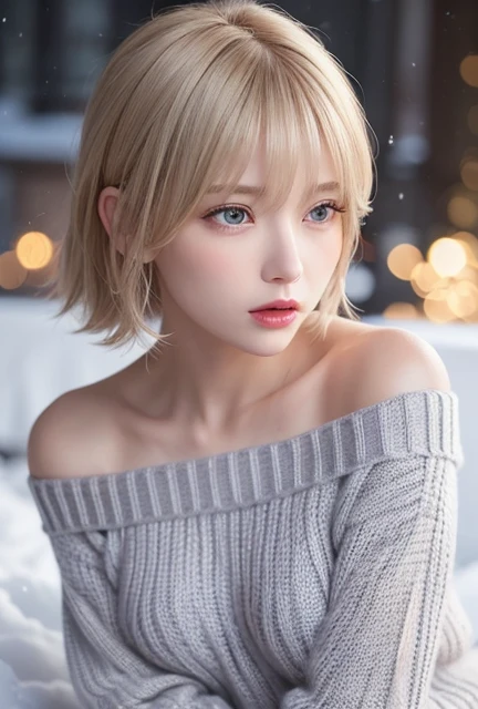    1 girl,( I'm wearing a knitted off-the-shoulder sweater:1.4),(   RAW photos ,    Top Quality), (  realistic, photo-  realistic:1.4),   Masterpiece ,    very delicate and beautiful ,   very   Details, 2k wallpaper, wonderful,     Details,   very   Details CG unity 8k wallpaper,  I'm wearing a super   Details ,      high definition   , Soft light,   beautiful   Details girl ,   very   Details eyes and face,   beautiful   Details nose,     beautiful eyes、Every detail   ,   Cinematic Lights  ,Winter Scenery, Snowy Streetscapes ,  outdoor,sunlight,    perfect anatomy  ,  slender body,    wavy hair, lipstick,  gray hair