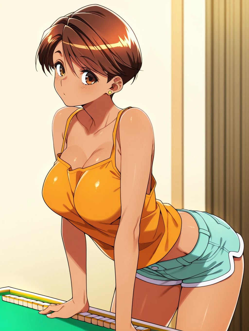 toono mizuki, dark-skinned female, brown eyes, earrings,  from the side 1 girl , Alone,   lean forward,   ,  No.,  shorts, Masterpiece,  best quality ,Big Breasts、stripgame、Mahjong table、Strip Mahjong、comics、comicsページ、 comicsページ、 comics　Panel layout、comicsシーン
