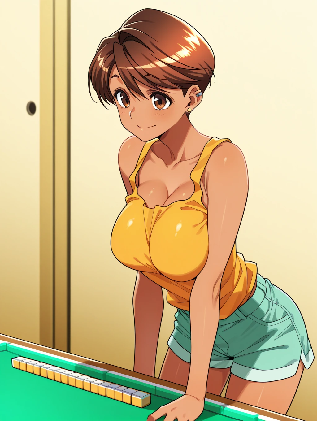 toono mizuki, dark-skinned female, brown eyes, earrings,  from the side 1 girl , Alone,   lean forward,   ,  No.,  shorts, Masterpiece,  best quality ,Big Breasts、stripgame、Mahjong table、Strip Mahjong、comics、comicsページ、 comicsページ、 comics　Panel layout、comicsシーン
