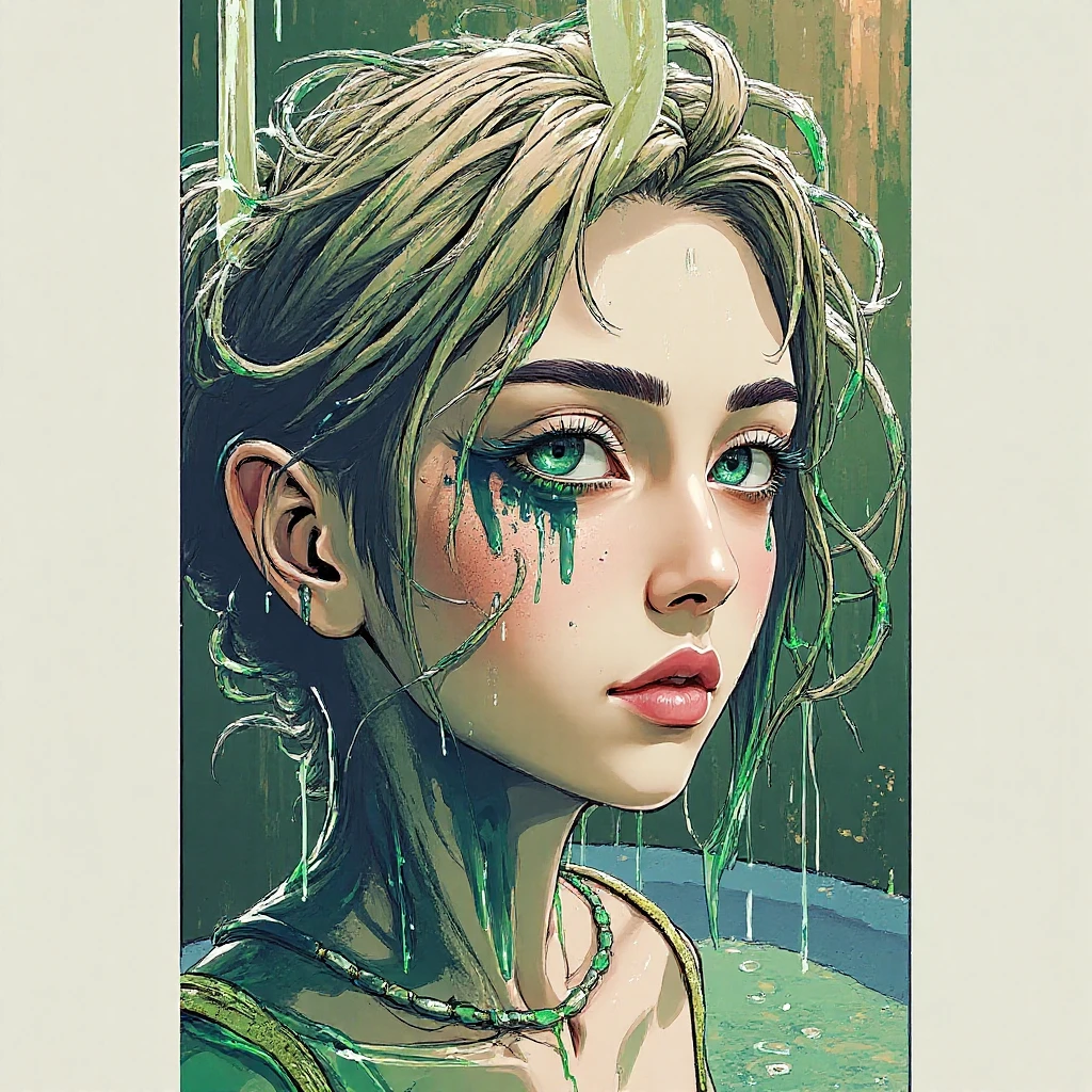 (Ultra-detailed face, looking away, Fantasy Illustration with Gothic, Ukiyo-e, Comic Art, Rich colors), 
BREAK 
(This is a world made of green acid. In the pool of acid, there is a gush of smoke and a pungent green smoke. Plants made of glass fibers suck up the acid from their roots, and the acid drips from their trunks, stems, and leaves like rain.)