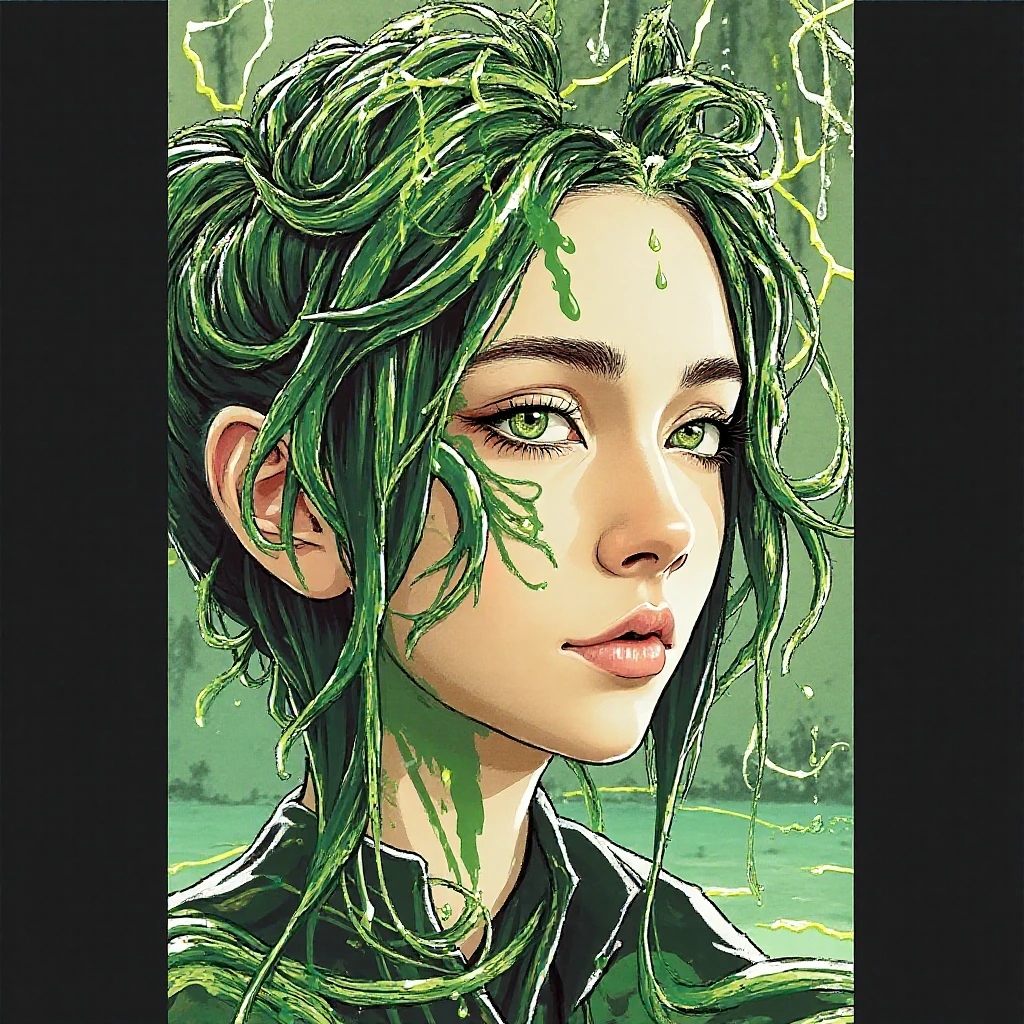 (Ultra-detailed face, looking away, Fantasy Illustration with Gothic, Ukiyo-e, Comic Art, Rich colors), 
BREAK 
(This is a world made of green acid. In the pool of acid, there is a gush of smoke and a pungent green smoke. Plants made of glass fibers suck up the acid from their roots, and the acid drips from their trunks, stems, and leaves like rain.)