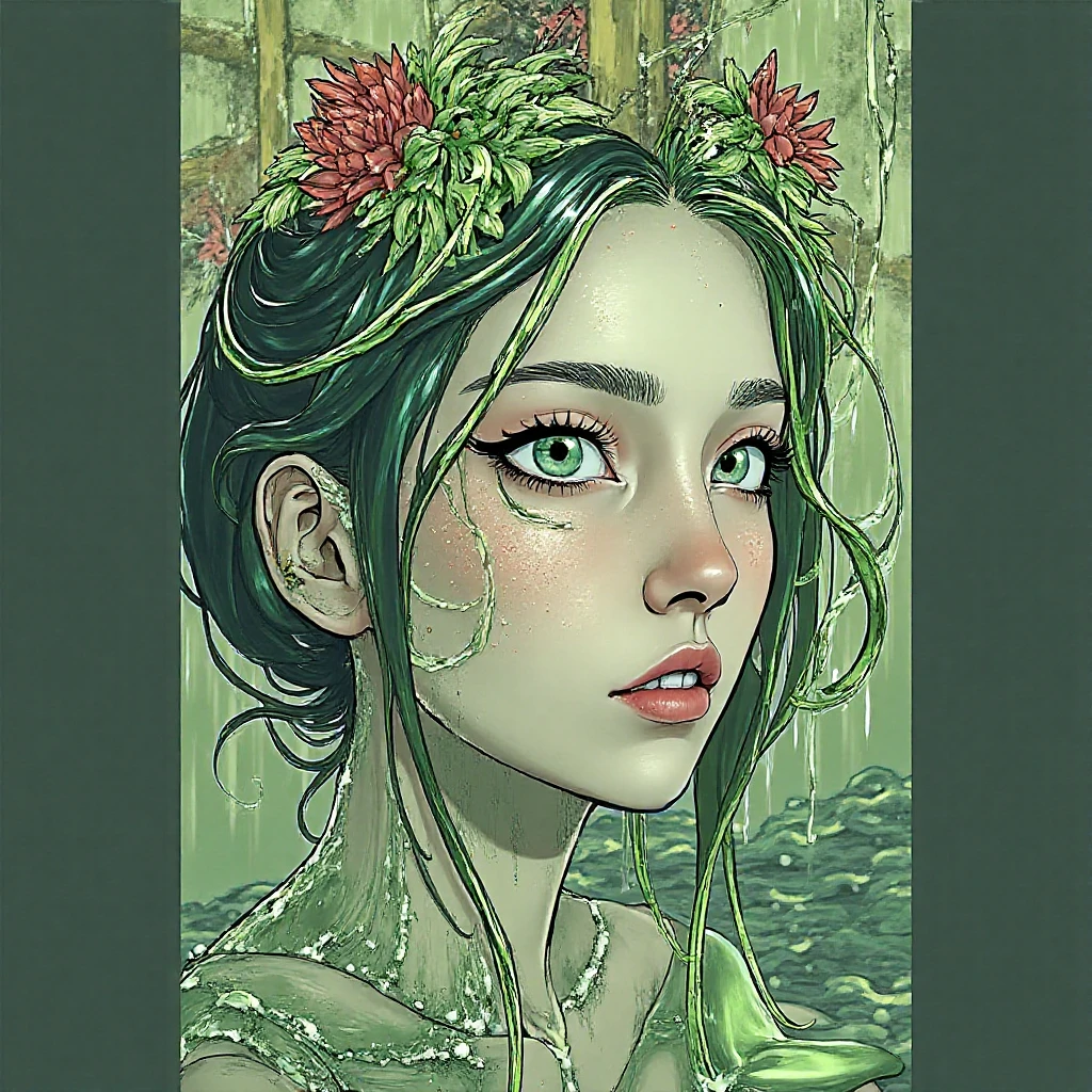 (Ultra-detailed face, looking away, Fantasy Illustration with Gothic, Ukiyo-e, Comic Art, Rich colors), 
BREAK 
(This is a world made of green acid. In the pool of acid, there is a gush of smoke and a pungent green smoke. Plants made of glass fibers suck up the acid from their roots, and the acid drips from their trunks, stems, and leaves like rain.)