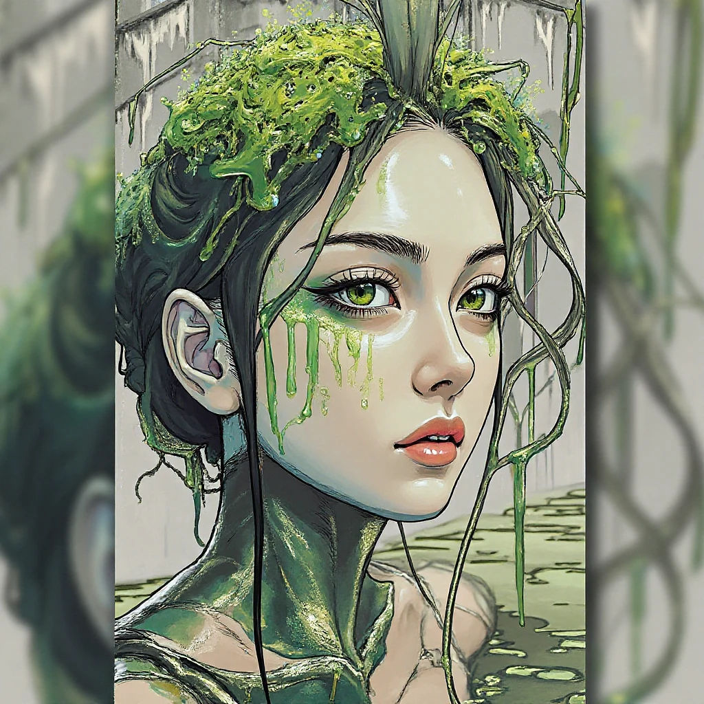 (Ultra-detailed face, looking away, Fantasy Illustration with Gothic, Ukiyo-e, Comic Art, Rich colors), 
BREAK 
(This is a world made of green acid. In the pool of acid, there is a gush of smoke and a pungent green smoke. Plants made of glass fibers suck up the acid from their roots, and the acid drips from their trunks, stems, and leaves like rain.)