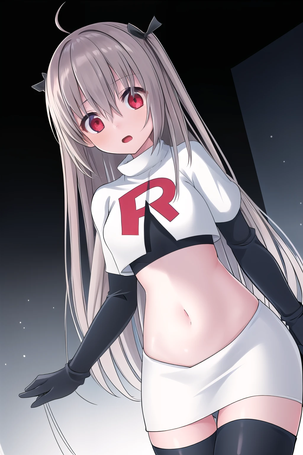 atri,1girl,red eyes,solo,ahoge,long hair,black ribbon,ribbon,hair ribbon,hair between eyes,blush,very long hair,team rocket,team rocket uniform,white skirt,red letter R,crop top,black thigh-highs,black elbow gloves