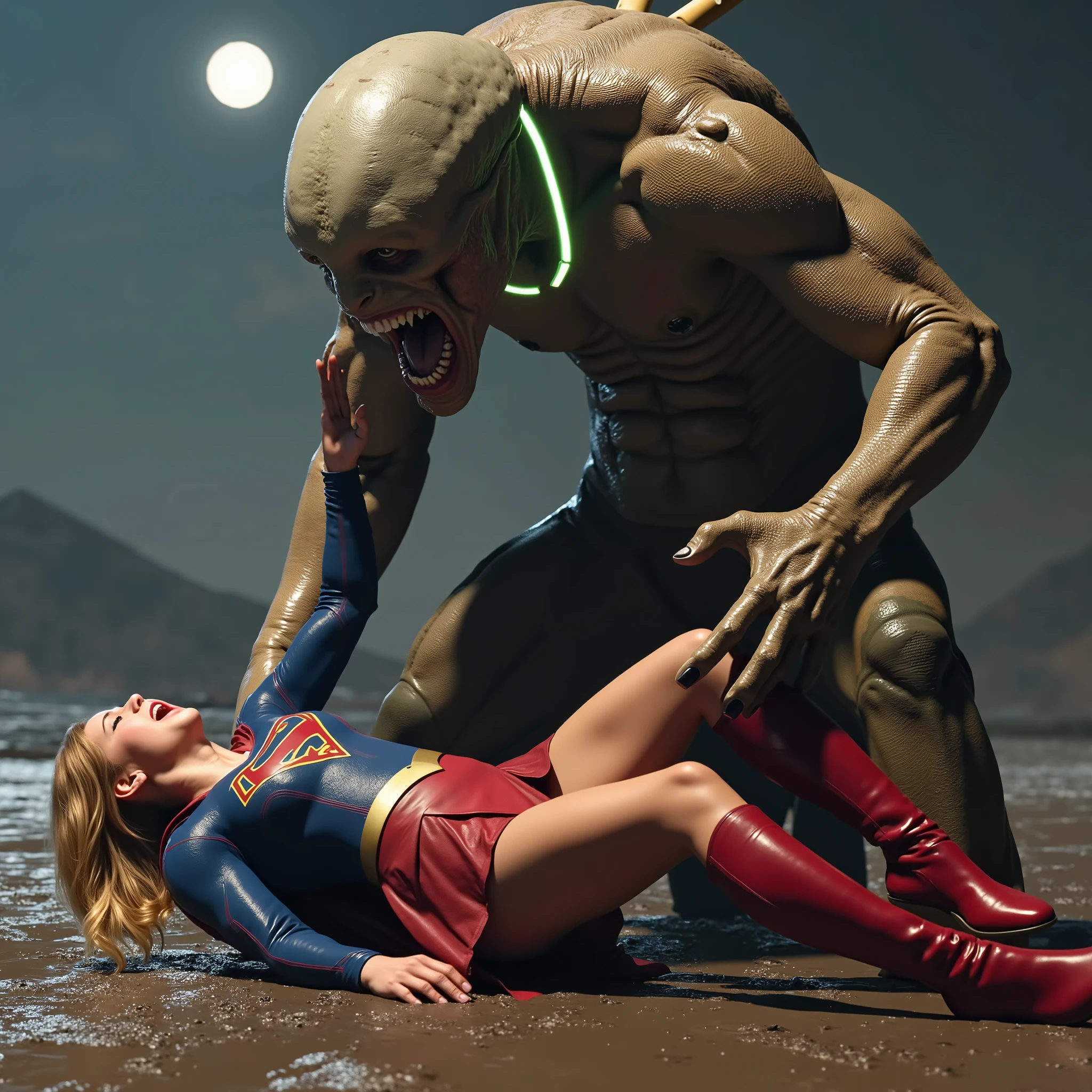 Supergirl is fighting with a big alien monster, very bright white skin, can see whole body, She is wearing a thin black pantyhose, short red leather fabric skirt, red knee height long boots, blonde hair, lighting green collar on her neck, She is screaming in pain, seriously injured, painful, a huge body fierce Alien Monster hold and carry Supergirl body, the Alien Monster seize her body tightly and bite her neck, photorealistic, hyper realistic, night time on the Mar with moon lighting,