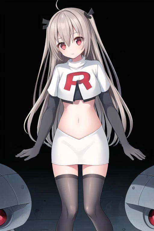 atri,1girl,red eyes,solo,ahoge,long hair,black ribbon,ribbon,hair ribbon,hair between eyes,blush,very long hair,team rocket,team rocket uniform,white skirt,red letter R,crop top,black thigh-highs,black elbow gloves