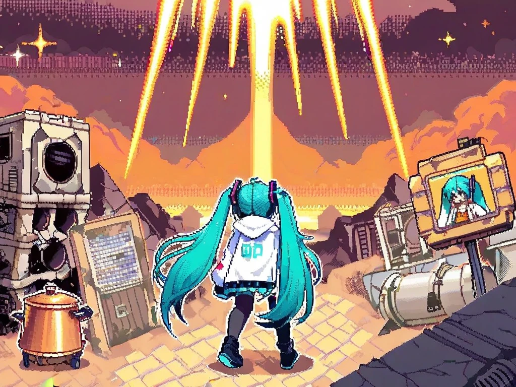 cute 8-bit pixel art, 1girl\(miku hatune\(vocaloid,holding plantation pot\) walking the world after extinction of mankind, apocalypse world, from hello planet\),