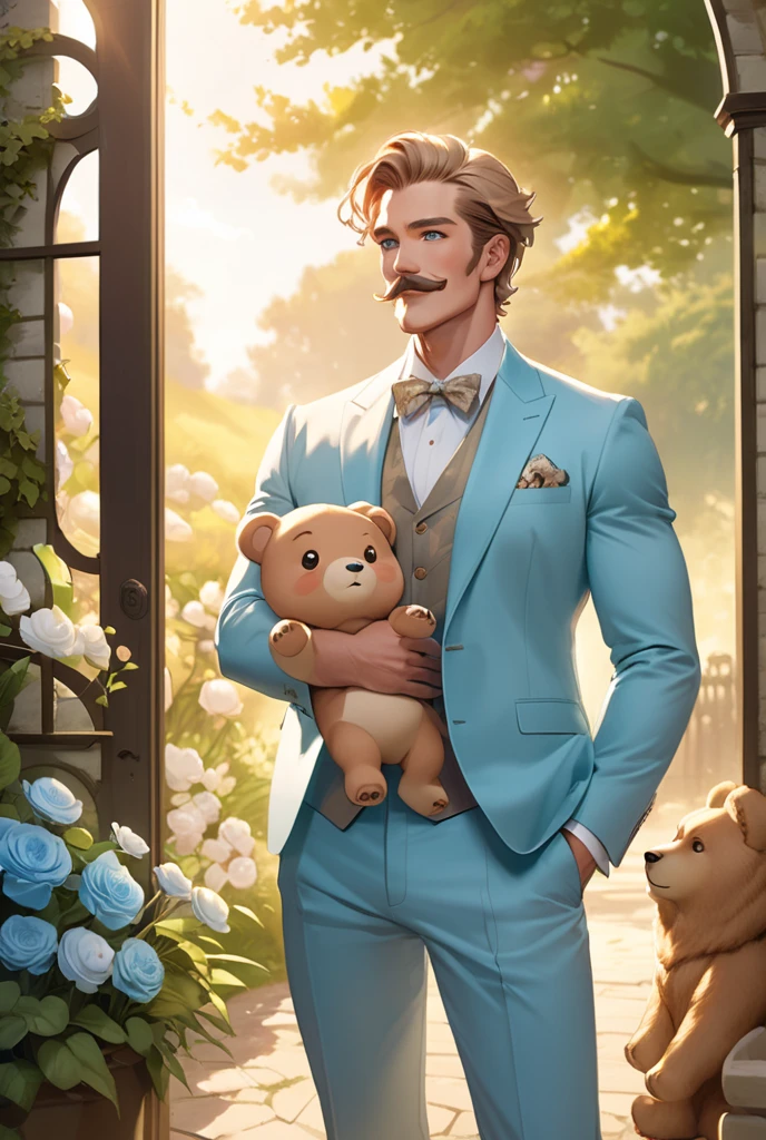 Dashing gentleman in a light baby blue suit. Standing by the gate to his beautiful flower garden at springtime golden hour. Tall, muscular, and very handsome, has a large defined bent Roman nose with a wide square jaw, looks like a sculpture of male beauty. His prominent smile lines and twinkling blue green eyes radiate a gentle warmth that belies his almost puppy dog spirit. He's mature, and about 34, with short sandy blonde hair and a mustache. And he’s a bear demihuman, with light brown bear ears peeking out from his hair.