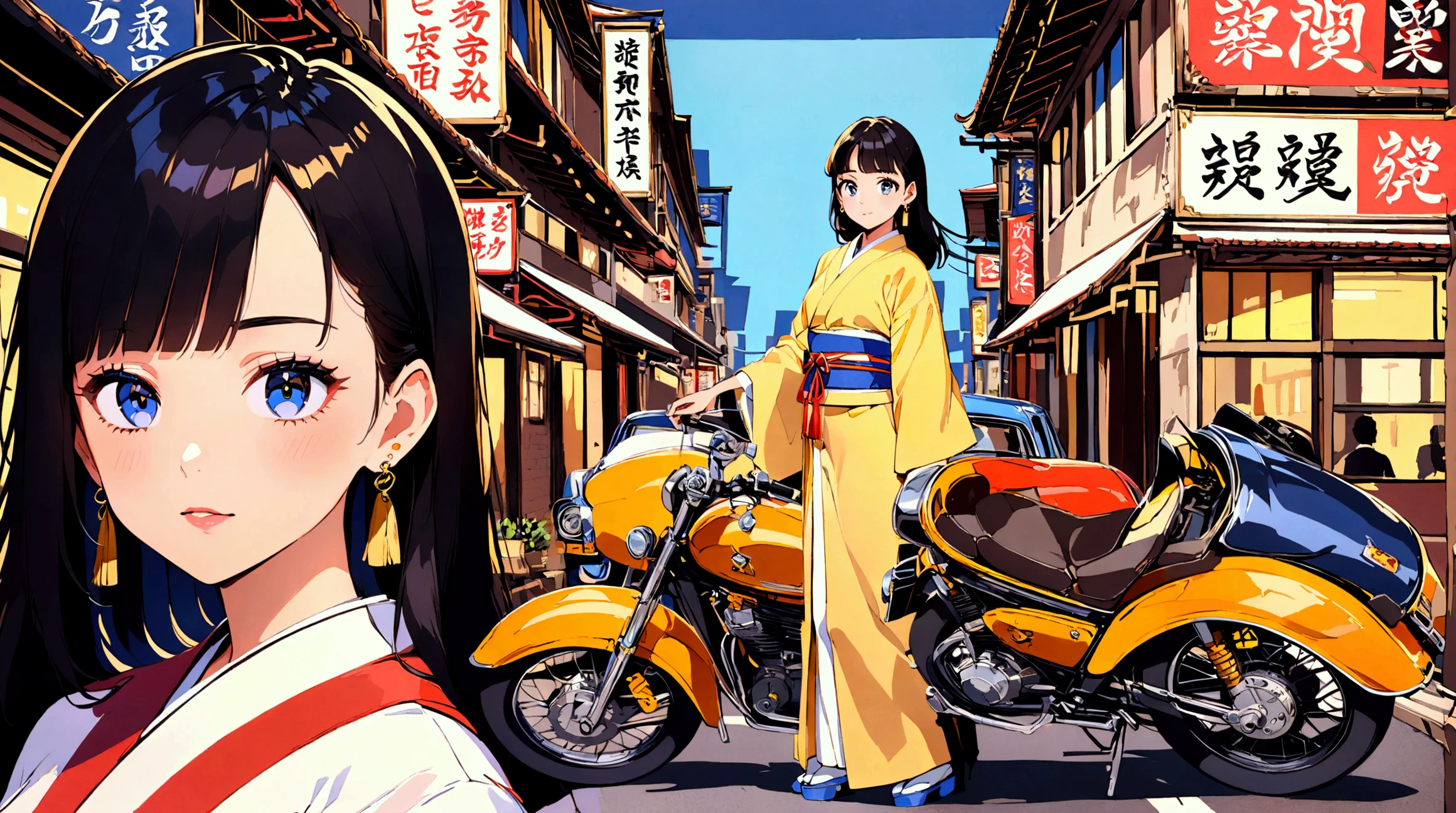 1980s city pop style anime images。 A cool woman with dark hair is standing with a retro motorcycle。８０Gold earrings are impressive in Japanese fashion of the era 。