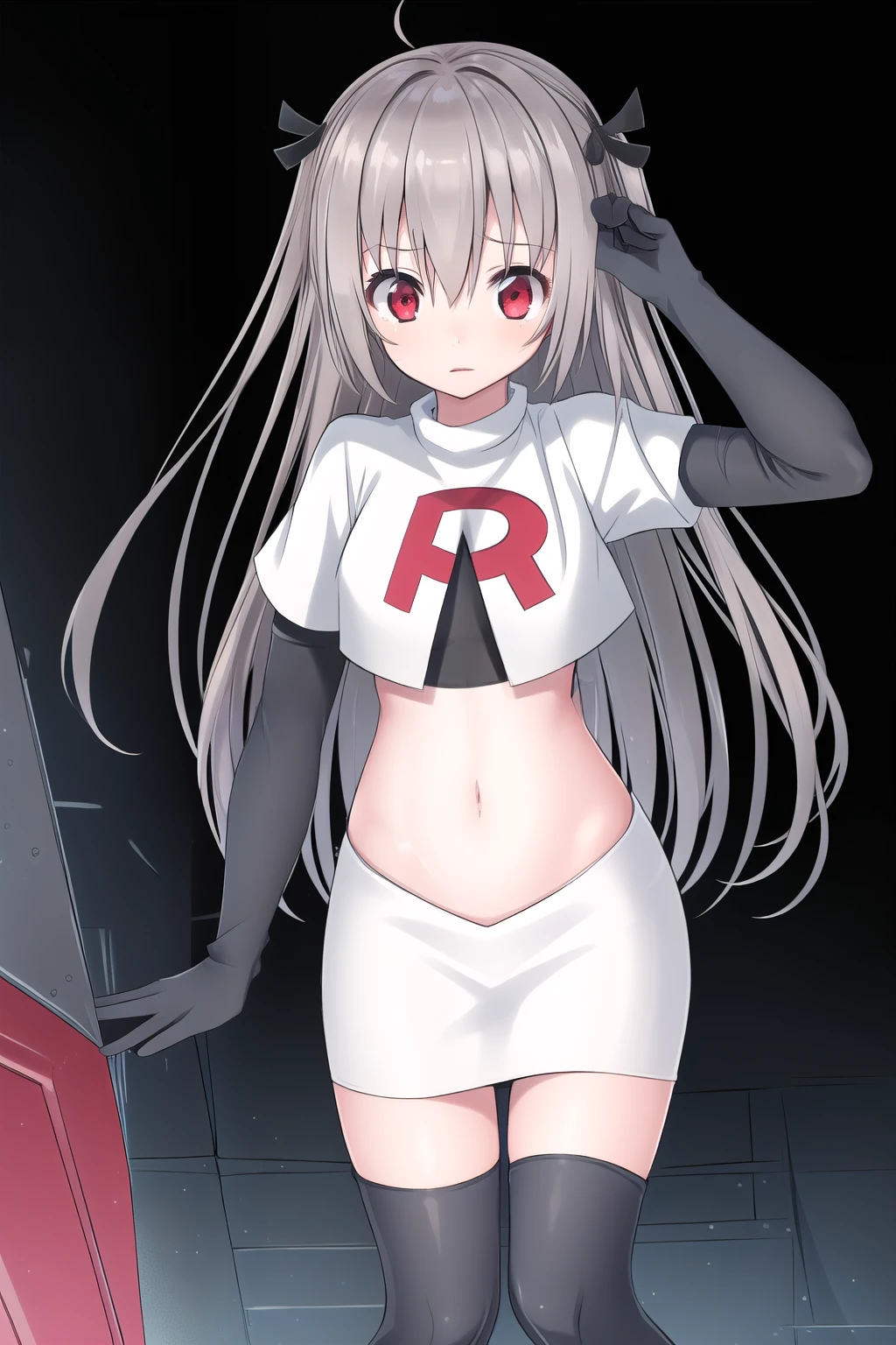 atri,1girl,red eyes,solo,ahoge,long hair,black ribbon,ribbon,hair ribbon,hair between eyes,blush,very long hair,team rocket,team rocket uniform,white skirt,red letter R,crop top,black thigh-highs,black elbow gloves