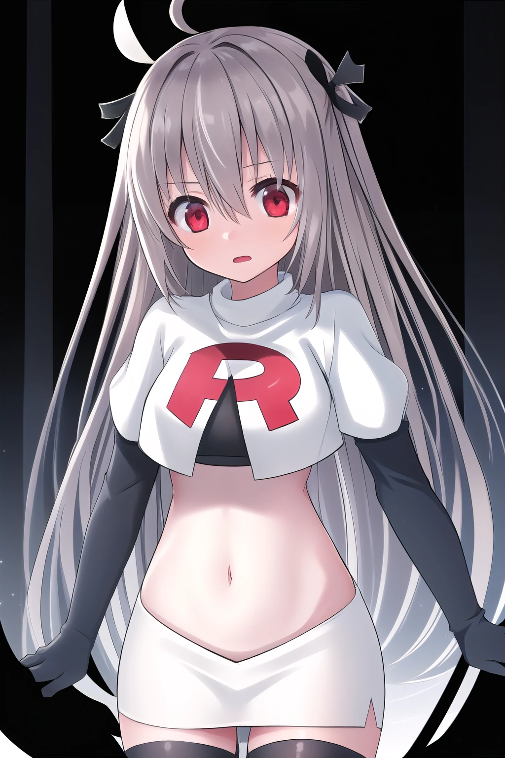 atri,1girl,red eyes,solo,ahoge,long hair,black ribbon,ribbon,hair ribbon,hair between eyes,blush,very long hair,team rocket,team rocket uniform,white skirt,red letter R,crop top,black thigh-highs,black elbow gloves