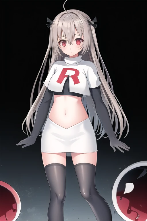 atri,1girl,red eyes,solo,ahoge,long hair,black ribbon,ribbon,hair ribbon,hair between eyes,blush,very long hair,team rocket,team rocket uniform,white skirt,red letter R,crop top,black thigh-highs,black elbow gloves