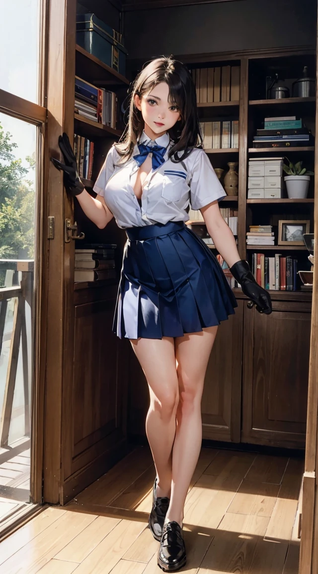 wide shot, ((best quality)), ((highly detailed)), masterpiece, (detailed eyes, deep eyes), (1girl), dynamic angle, cowboy shot,Lucy, woman, smile, ((short black hair )), ((brown eyes)),firm breasts, realistic proportions,lipstick, subtly visible breasts, day lighting, ((petite body)), ((short royal blue collared 1950's a-line dress, ruffled hem)), sitting on table, high heels, short dress, puffy sleeves, short ((low tied pigtails)),, 50's style bangs, german woman, saddle shoes, ankle socks,(( curly bobcut hair)), (((exposed breasts)))