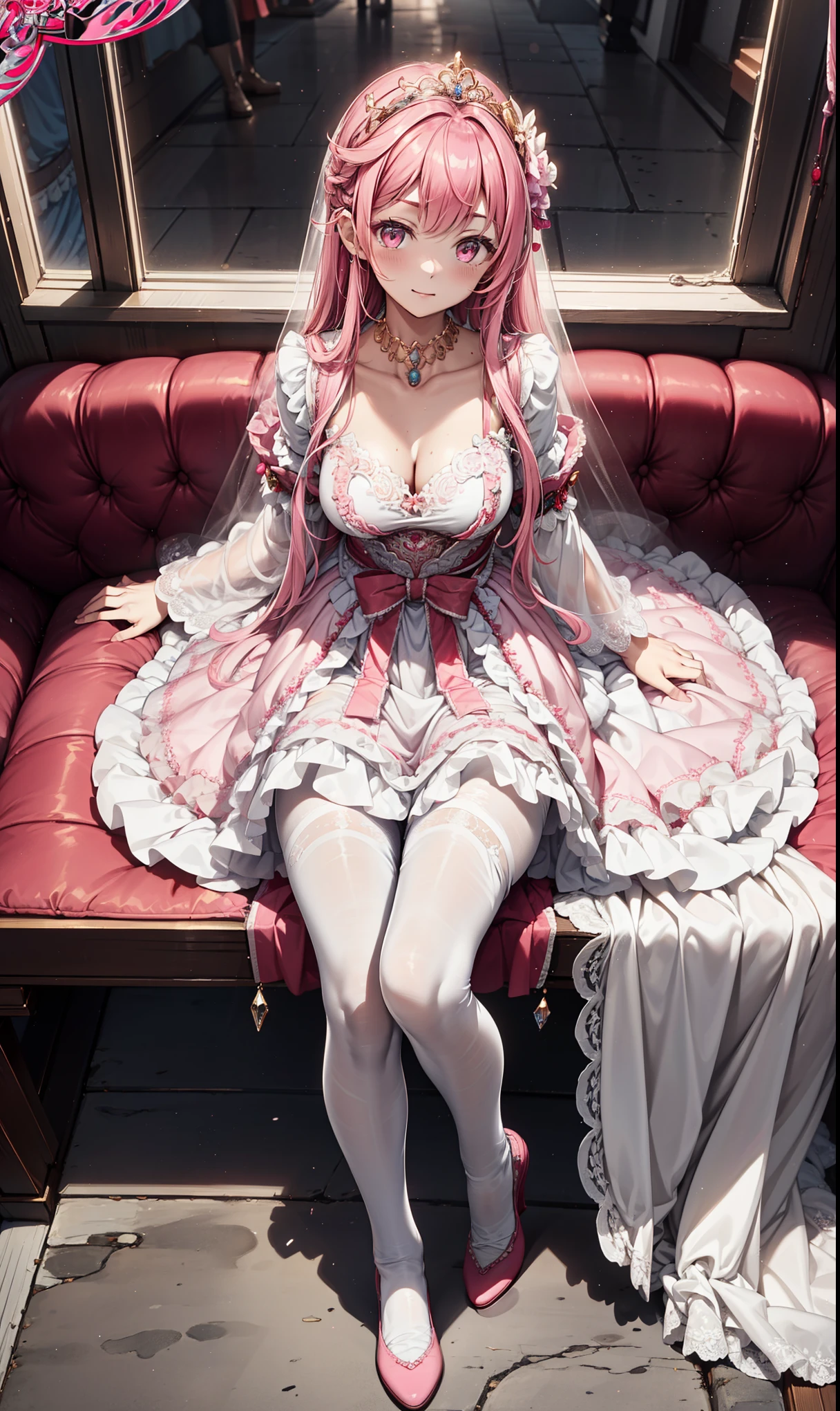2girls, k pop idol face:1.2, standing side by side, seductive smile, fullbody, hug,:),( medium breasts:1.3),(various color long wavy hair, elaborately lace high detailed designed pink frilled long medival dress, high detailed corset:1.3) ,(pink color off-shoulder dress,high detailed clothes:1.3), (u200eVIP lounge:1.2), (frills,beautiful embroidery :1.4), (elaborate lace- high detailed thighhighs,elbow gloves:1.2),french_braid , hair_ornament, shiny_clothes, (night:1.3), ,(perfect lighting,side lighting,light leak,shiny skin,:1.2), (best quality), (masterpiece), detailed, ),an extremely delicate and beautiful,, full body, nsfw:1.3 s