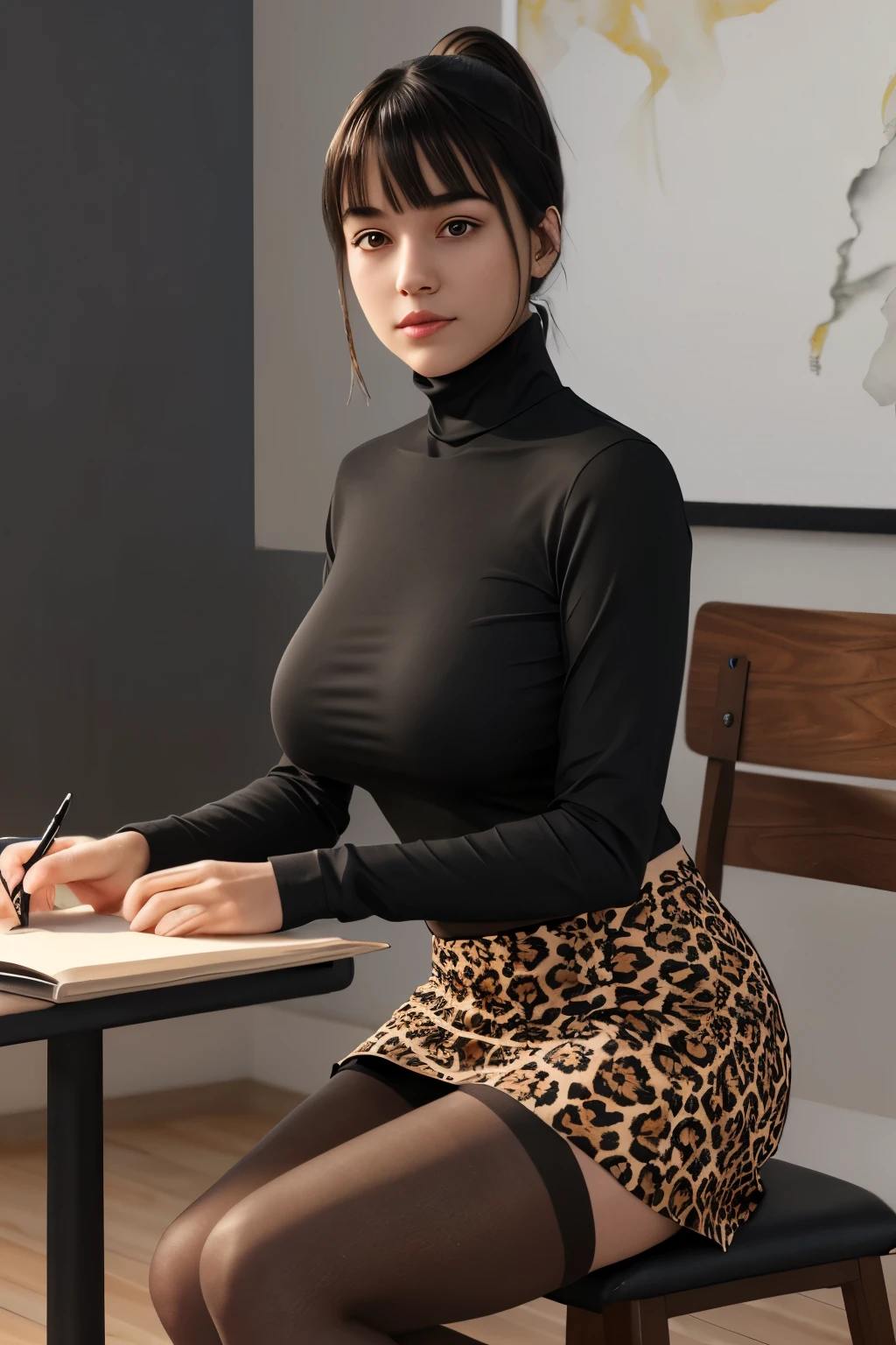 (ultra realistic,32k, masterpiece:1.2),(high detailed skin:1.1),( 8k uhd, dslr, high quality:1.1),
 1girl,black hair,ponytail hair, parted bangs, (matte (leopard:0.9)  long slevees, turtleneck top shirt:1.1), (black skirt, pencil skirt, pantyhose:1.2),,, , masacara, (red lips:0.8), huge breast, 
(looking at viewer, sitting:1.1),, (upper body:1.1),
,(neon light:1.1), blank background