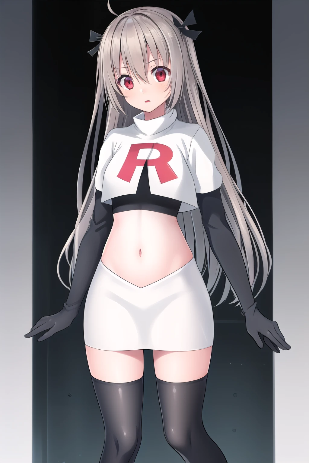 atri,1girl,red eyes,solo,ahoge,long hair,black ribbon,ribbon,hair ribbon,hair between eyes,blush,very long hair,team rocket,team rocket uniform,white skirt,red letter R,crop top,black thigh-highs,black elbow gloves