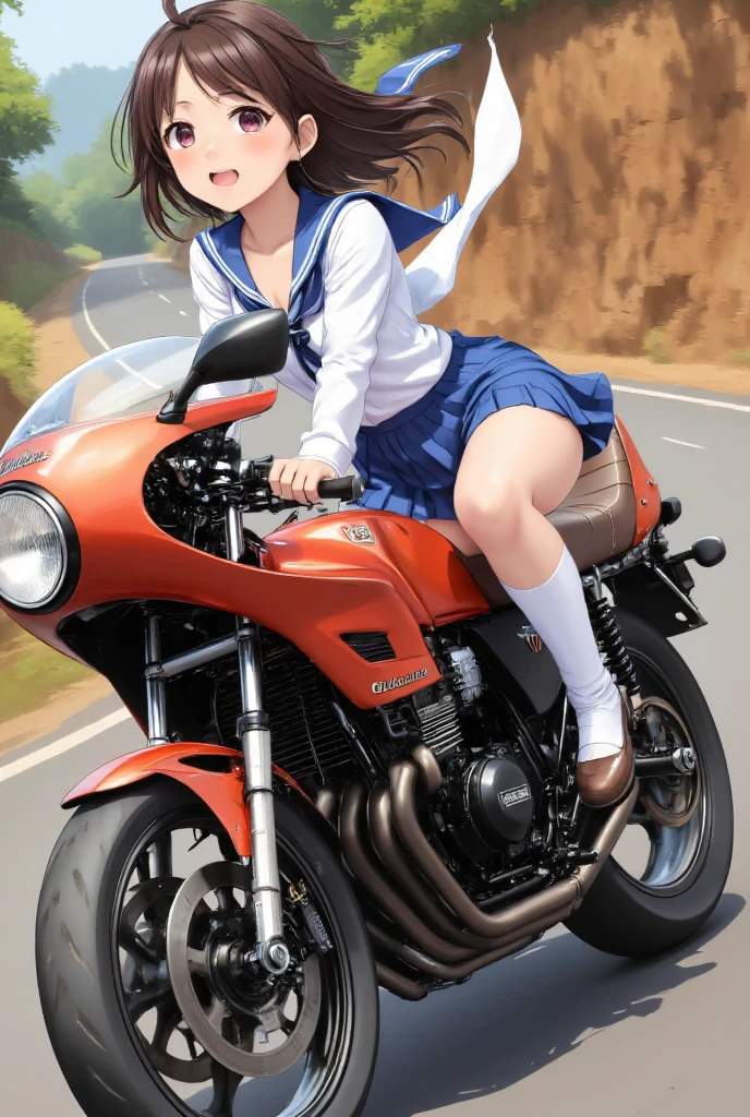  A Japanese high school girl is wearing a sailor suit on a Runaway Tribe motorcycle、暴走族のオートバイに、 open her legs 、Sitting astride、 the skirt flips up in the wind 、 underwear