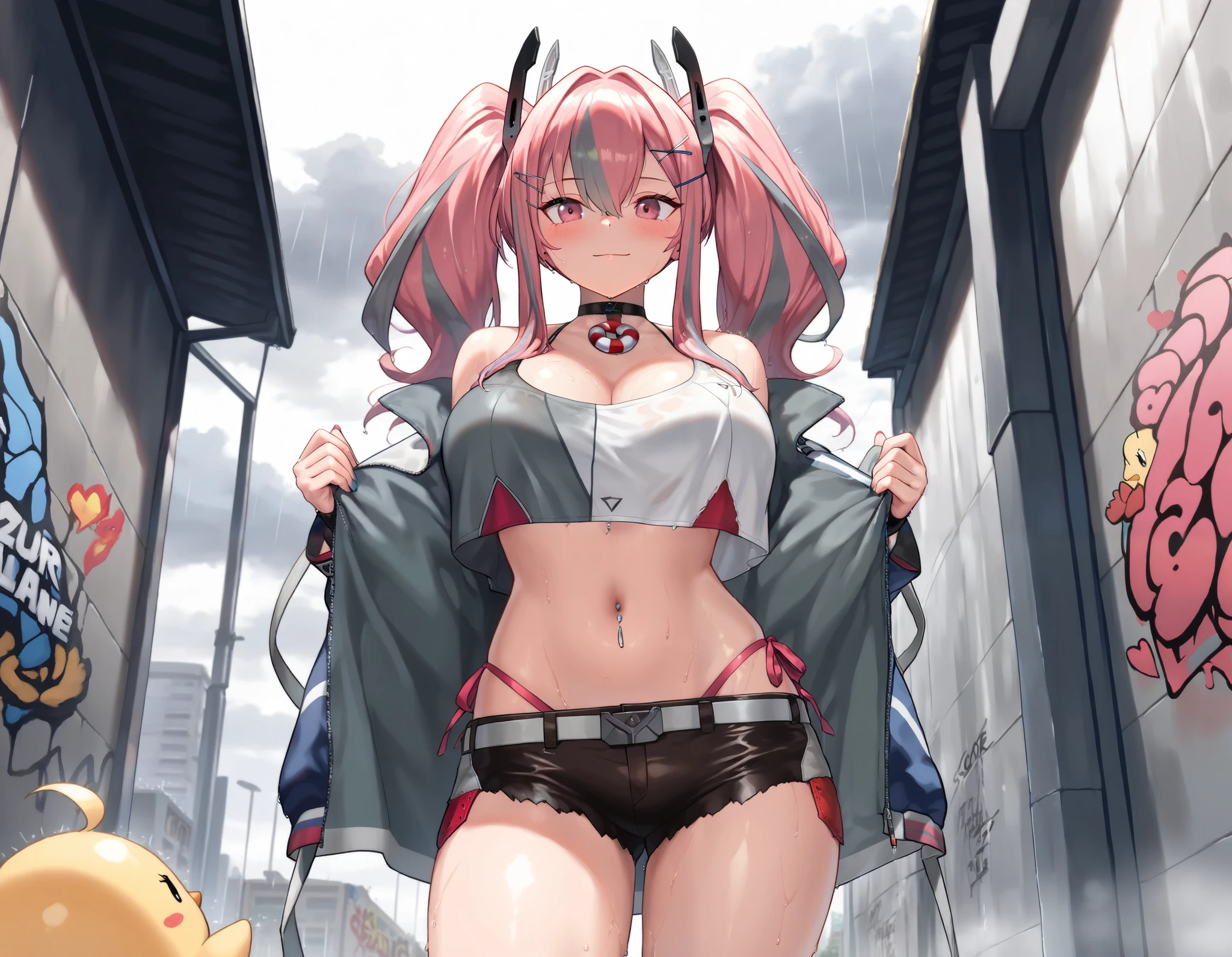 score_9, score_8_up, score_7_up, (Masterpiece), (best quality), (8K), (super detail:1.2), (High Definition:1.3), (best quality), (4k), (8k), (highres), (masterpiece:1.2), (ultra-detailed), (sharp focus), (artwork), (azur lane), solo, Bremerton (azur lane), wet body, crop top, thong, ripped jeans shorts, manjuu (Azur Lane), in a street art, graffiti-covered walls, cloudy, rain, rain weather