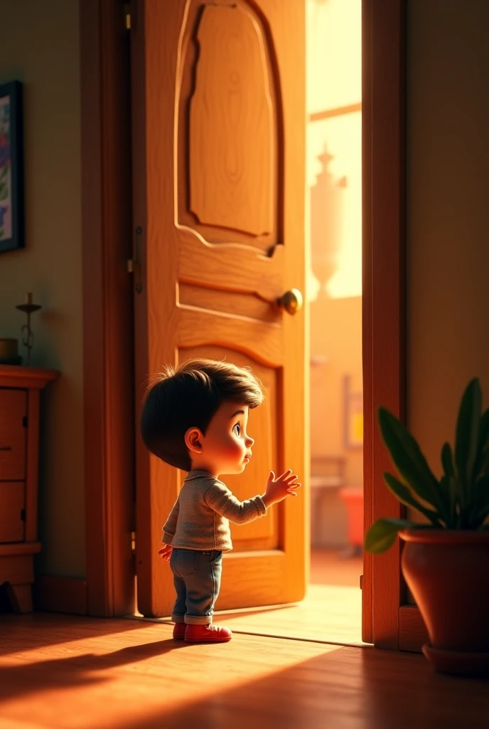 A sad 3 year old boy watching his father leaving home,  3d , pixar style, cinematic,  masterpiece, high-aesthetic 